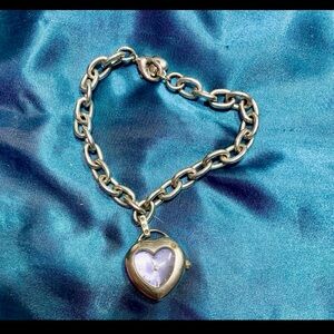 Vintage Geneve Heart Shaped Chain Link Watch Bracelet Silver Stainless